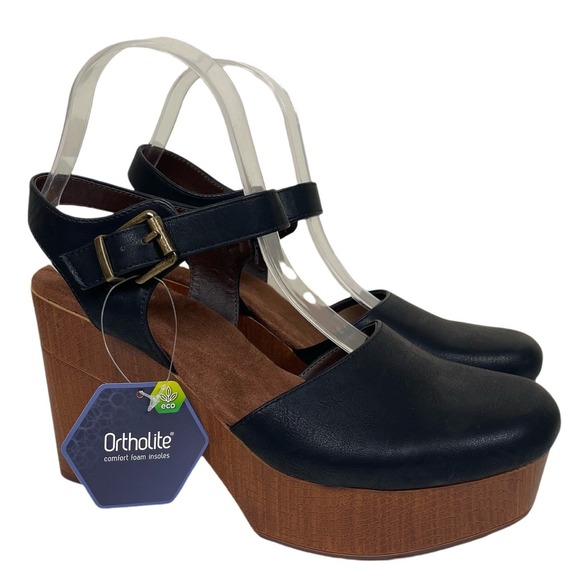 Sonoma Womens Gimlet Black Platform Wedge Sandals Ankle Strap 8.5M Faux Wood NWT - Picture 1 of 8